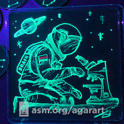 Agar art of an astronaut looking at microbes in space.