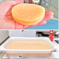 Dual image: A hand holding unprocessed bacterial cellulose; a container full of the product.