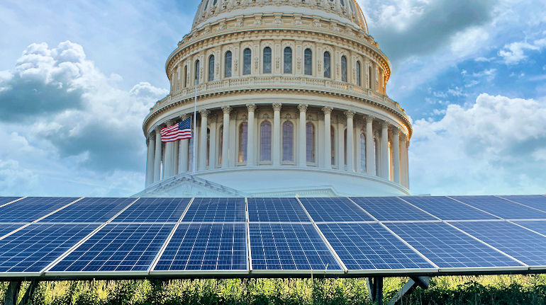 A composite image of solar panels in front of the U.S. Capitol dome.