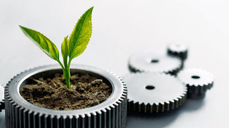 A photo illustration showing a plant growing from within a gear assembly.