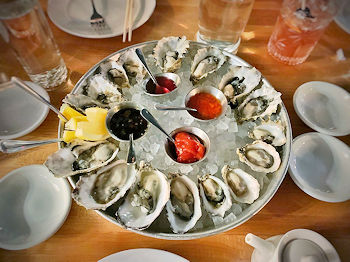 Round plate of raw oysters.