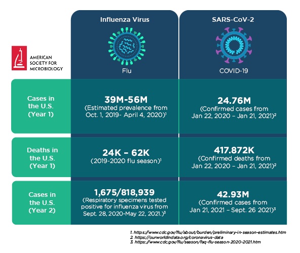 Comparison of COVID-19 and the flu case numbers. Updated Oct. 7, 2021.