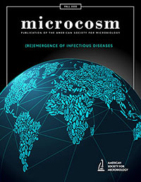 Cover of Microcosm Fall 2022, the earth with land masses covered in microbes.