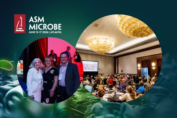 Karla J.F. Satchell, Ph.D., Yvette S. McCarter, Ph.D., D(ABMM) and Robert Tibbetts, Ph.D., ASM Microbe Co-Chairs and an in-progress ASM Microbe session.