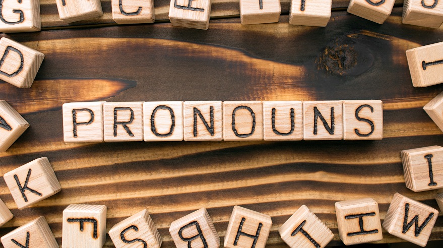 Building blocks that spell out, "Pronouns."