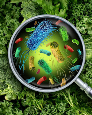 A photo illustration of a magnifying glass detecting pathogens in food.