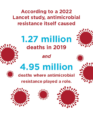 According to a 2022 Lancet study, antimicrobial resistance itself caused 1.27 million deaths in 2019 and 4.95 million deaths where antimicrobial resistance played a role. This graphic highlights these statistics.