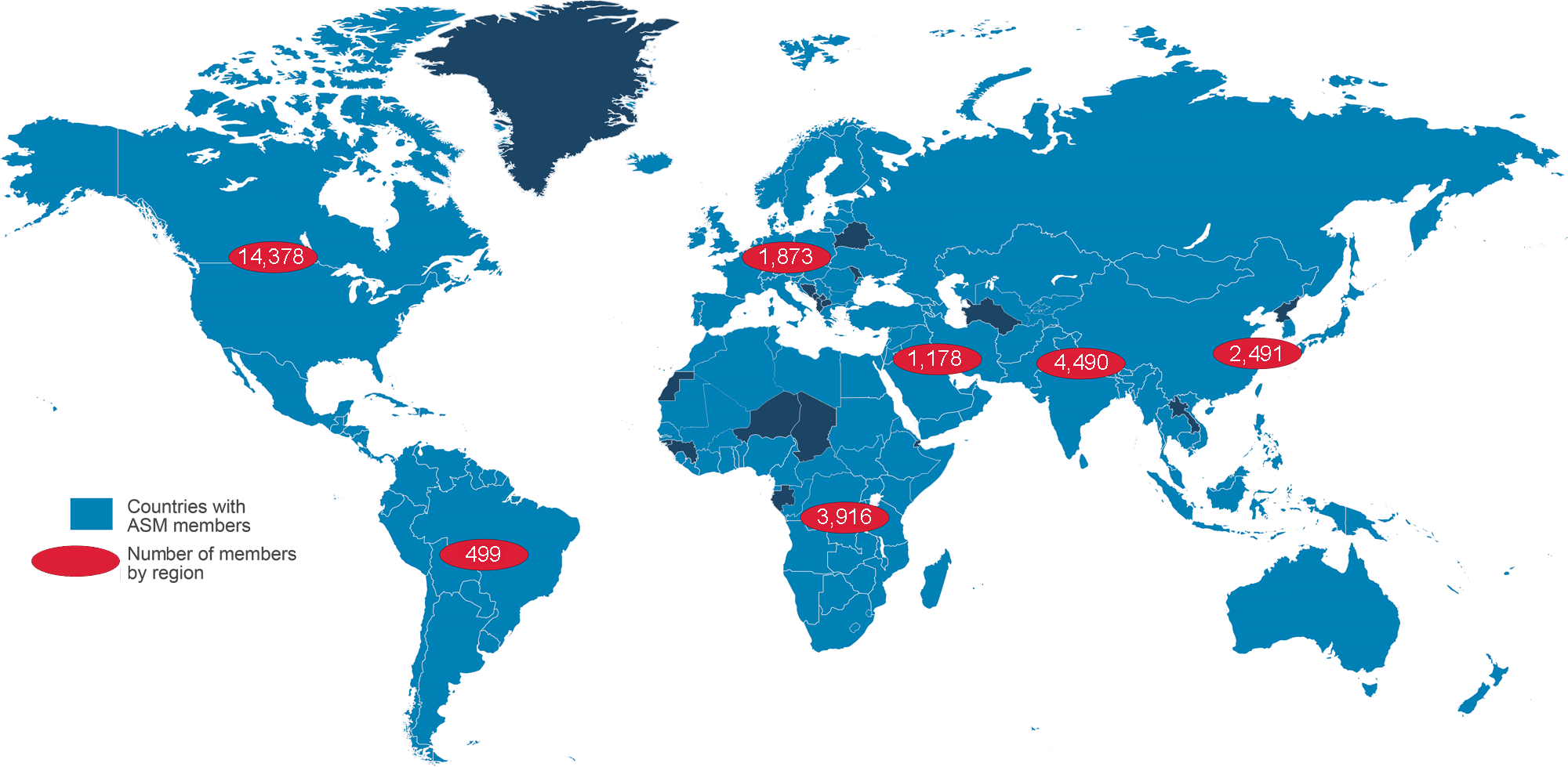 Map of the world showing where ASM has Members by region. 3,189 in Africa. 2,498 in Asia. 145 in ECA. 1,947 in Europe. 406 in LAC. 2,456 in MENA. 14,899 in North Am. 3,047 in S. Asia. 