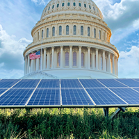 A collage showing solar panels in front of the U.S. Capitol dome.