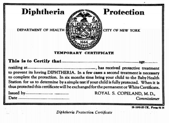 An example of a Diphtheria Protection Certificate from 1921.