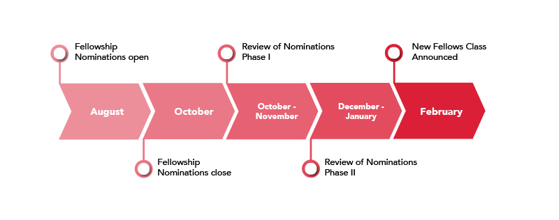 Fellowship nominations open Aug. 1 until Oct. 1. Nominations are reviewed from Oct. to Jan. The new class of Fellows are announced in Feb.