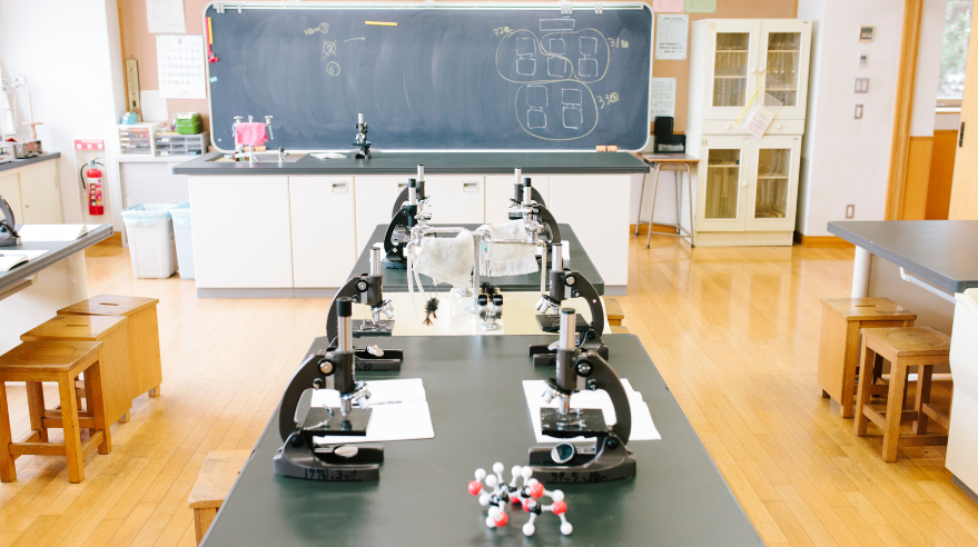 Microscopes in a classroom.