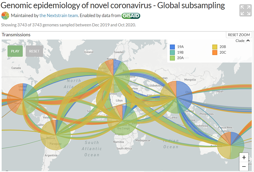 Map of possible global transmission pattern of SARS-CoV-2 clades from a subset of GISAID data.